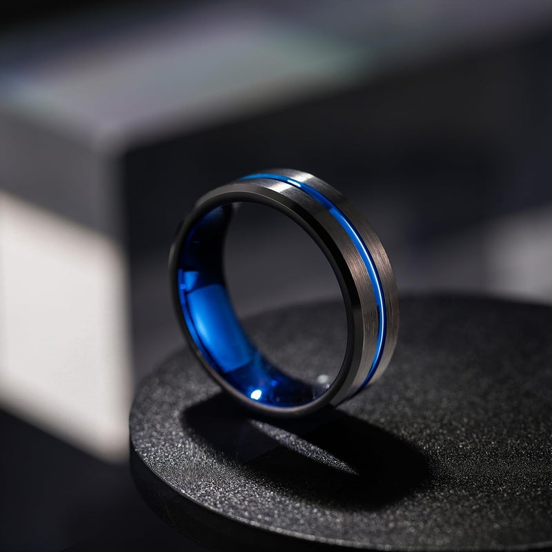 Greenpod 8mm Mens Black Tungsten Ring with Thin Blue Groove Beveled Edge Engraved I Love You Comfort Fit Size 10 - Image 2